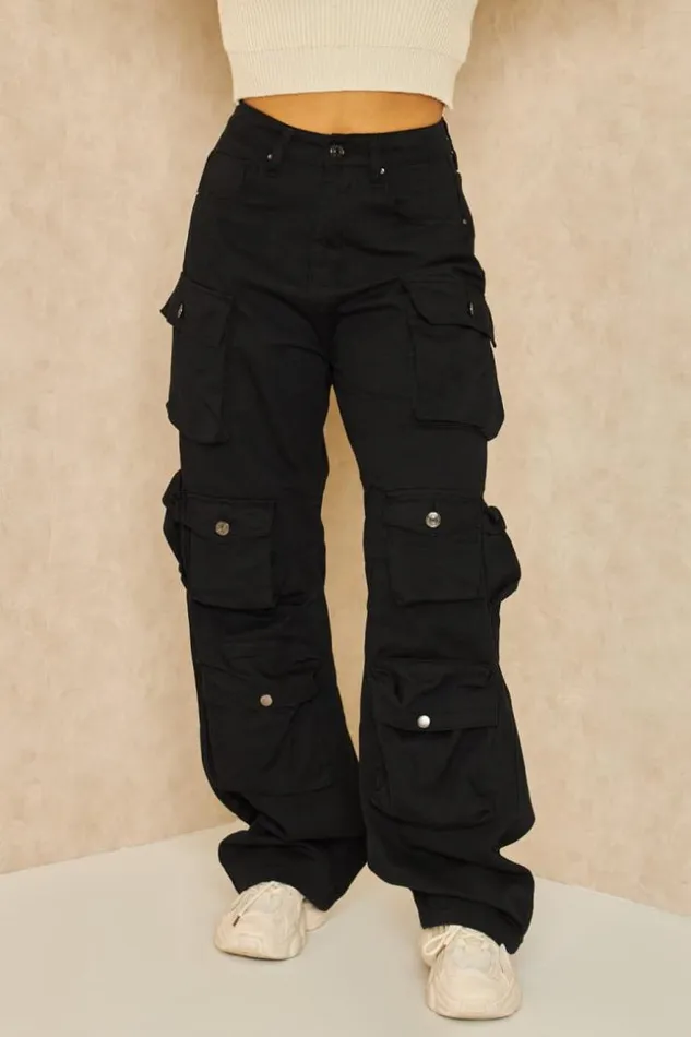 Women Jeans Large Multiples Poches Cargo Noir Black Brentiny Paris Jeans