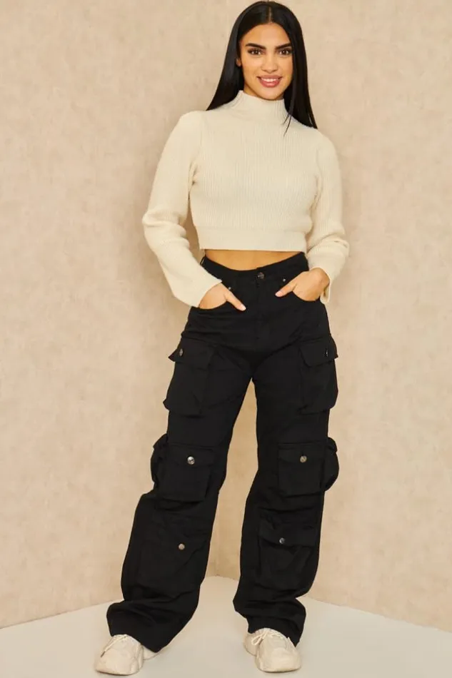 Women Jeans Large Multiples Poches Cargo Noir Black Brentiny Paris Jeans