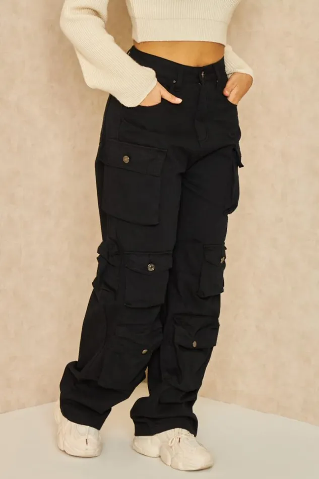 Women Jeans Large Multiples Poches Cargo Noir Black Brentiny Paris Jeans