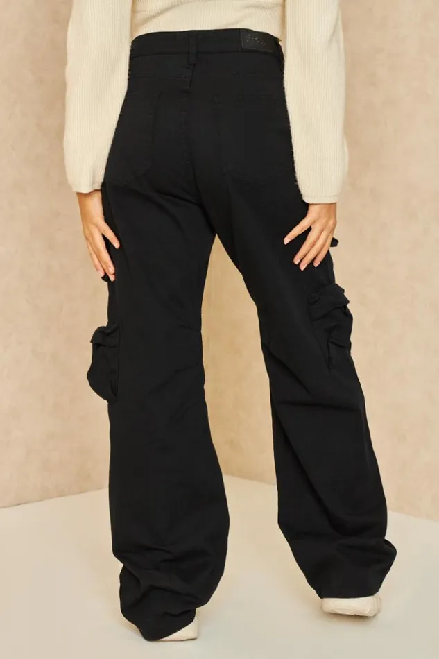 Women Jeans Large Multiples Poches Cargo Noir Black Brentiny Paris Jeans