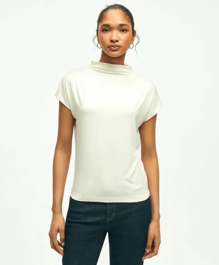 Women Jersey Cap Sleeve Top Off White Brooks Brothers Blouses and Shirts