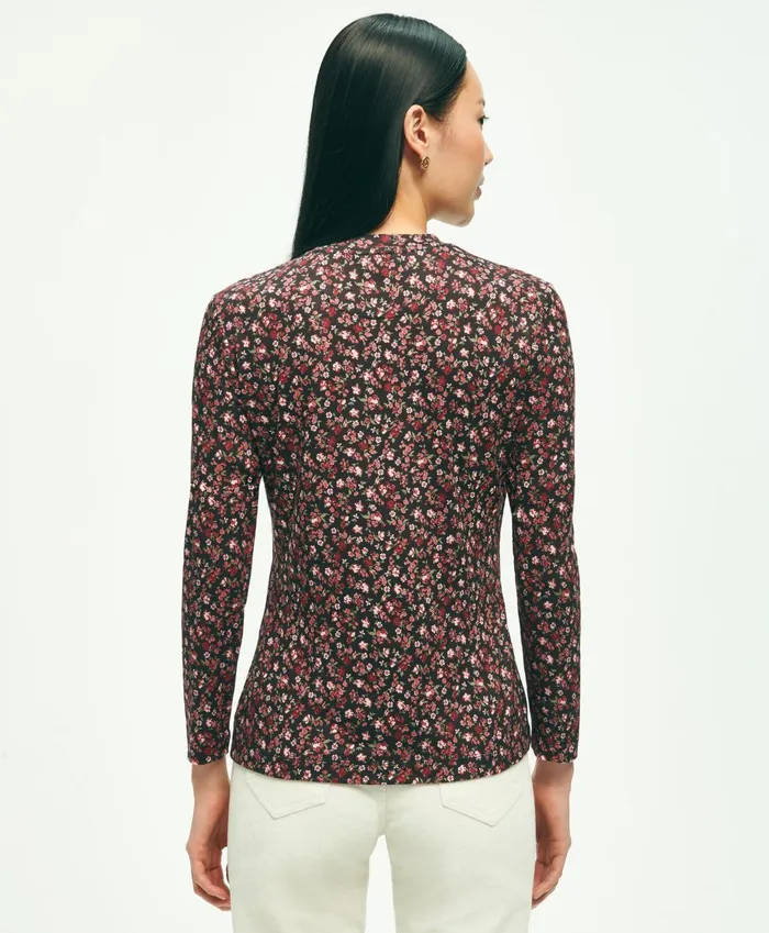 Women Jersey Floral Ditsy Print LongSleeve TShirt Pink Multi Brooks Brothers Blouses and Shirts
