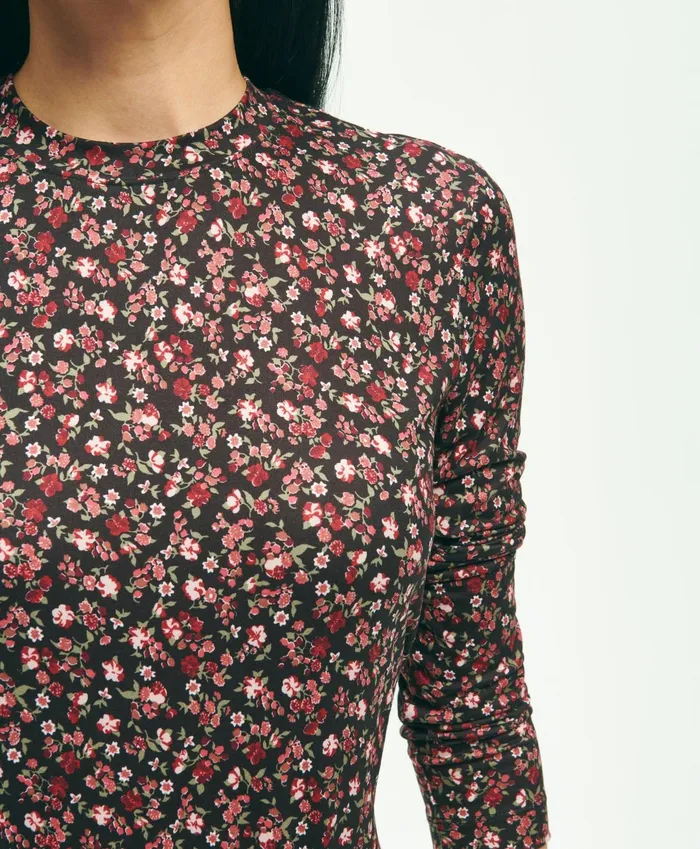 Women Jersey Floral Ditsy Print LongSleeve TShirt Pink Multi Brooks Brothers Blouses and Shirts