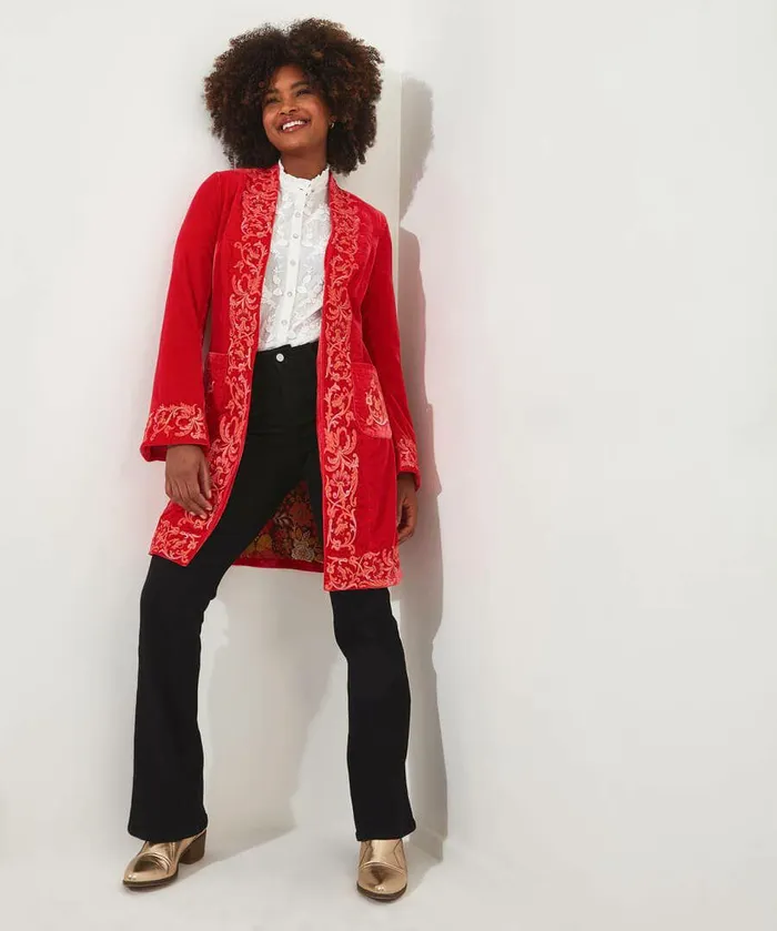 Women Joe Browns Embroidered Longline Boutique Jacket Red Women Joe Browns Embroidered Longline Boutique Jacket Red