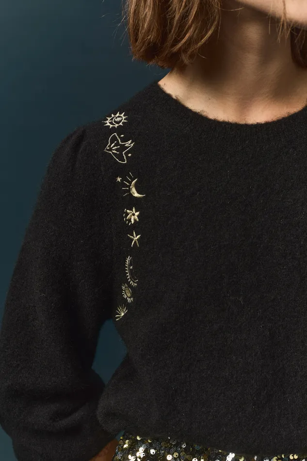 Women Jumper Bamete Noir Pull En Laine Et Mohair Broderies Dores Des Petits Hauts Jumpers and Cardigans