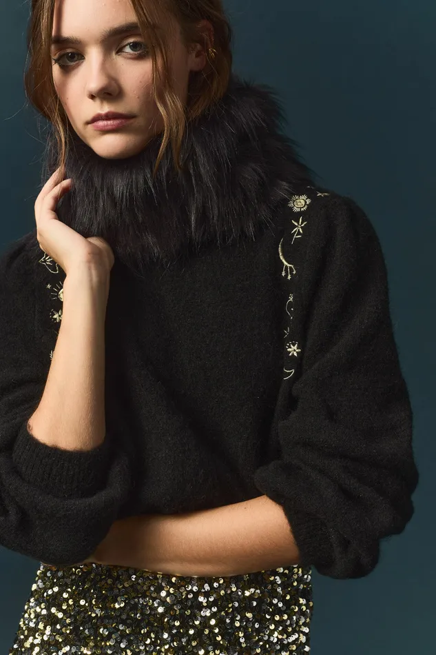 Women Jumper Bamete Noir Pull En Laine Et Mohair Broderies Dores Des Petits Hauts Jumpers and Cardigans