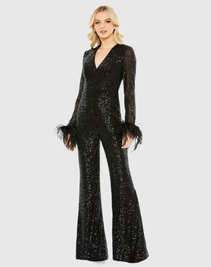 Women Jumpsuits and Rompers Mac Duggal Feather Cuff Sequined V Neck Jumpsuit Black