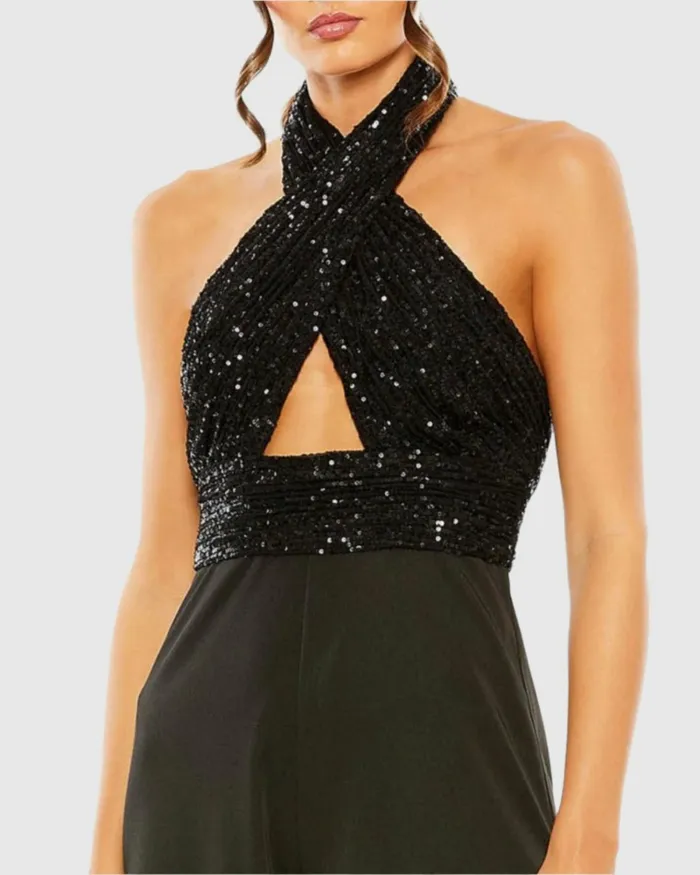 Women Jumpsuits and Rompers Mac Duggal Sequined Cross Neck Halter Jumpsuit Black Women Jumpsuits and Rompers Mac Duggal Sequined Cross Neck Halter Jumpsuit Black