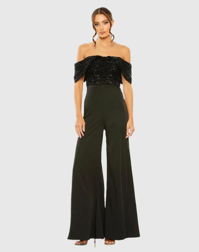 Women Jumpsuits and Rompers Mac Duggal Sequined Off The Shoulder Jumpsuit Black