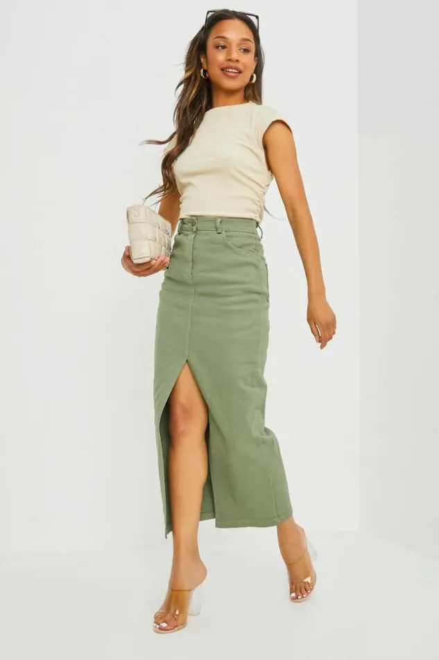 Women Jupe Droite Kaki En Jean Fendu Khaki Brentiny Paris Skirts