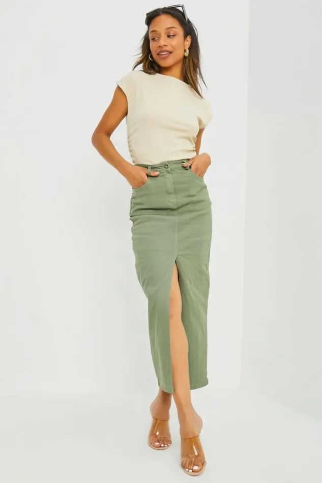 Women Jupe Droite Kaki En Jean Fendu Khaki Brentiny Paris Skirts