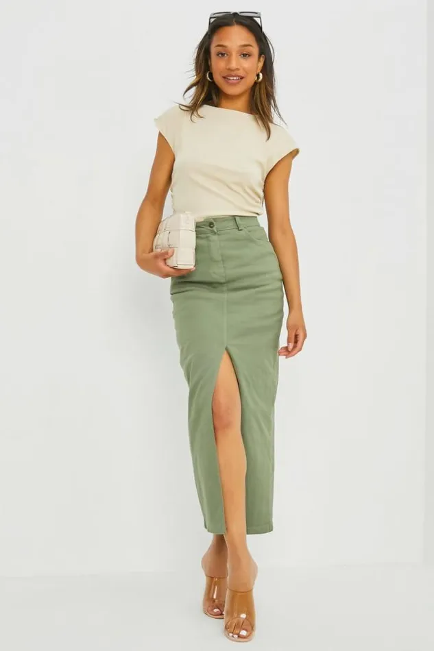 Women Jupe Droite Kaki En Jean Fendu Khaki Brentiny Paris Skirts