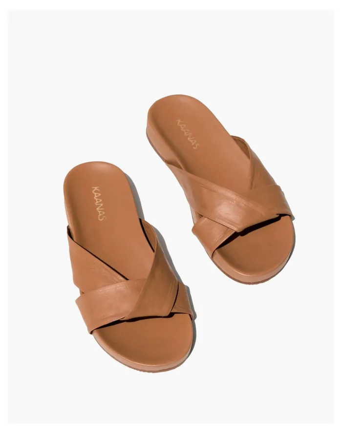 Women KAANAS Tawau Fold Over Band Pool Slide Brown Madewell Sandals