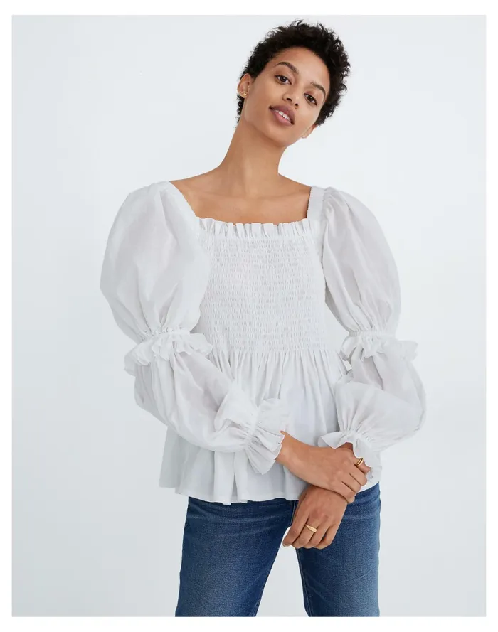 Women Karen Walker Andromeda Shirred Top White Cotton Voile Madewell Tops and Shirts