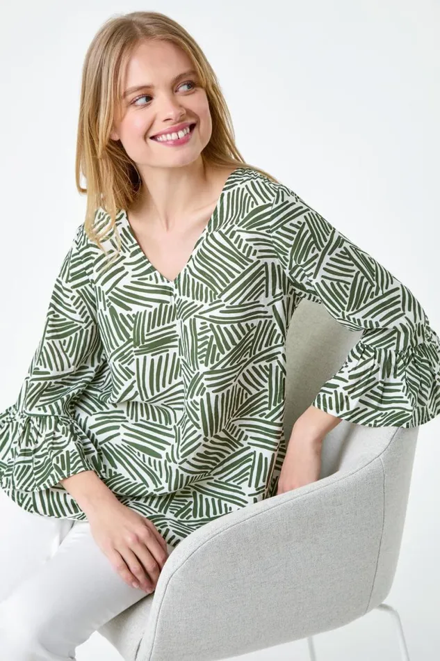 Women Khaki Abstract Print VNeck Frill Detail Top Roman Tops