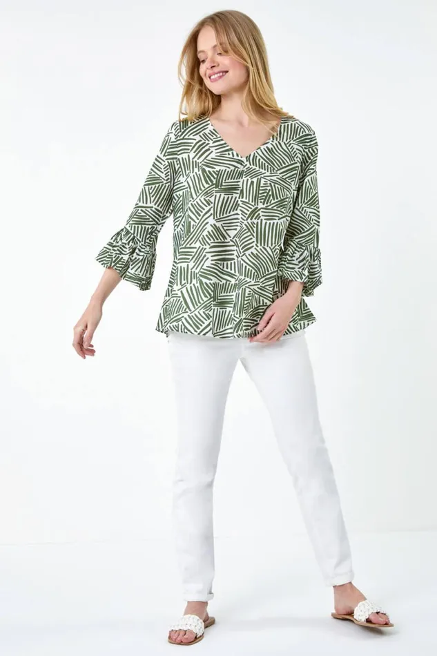 Women Khaki Abstract Print VNeck Frill Detail Top Roman Tops