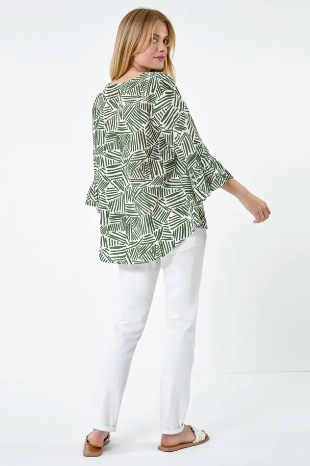 Women Khaki Abstract Print VNeck Frill Detail Top Roman Tops