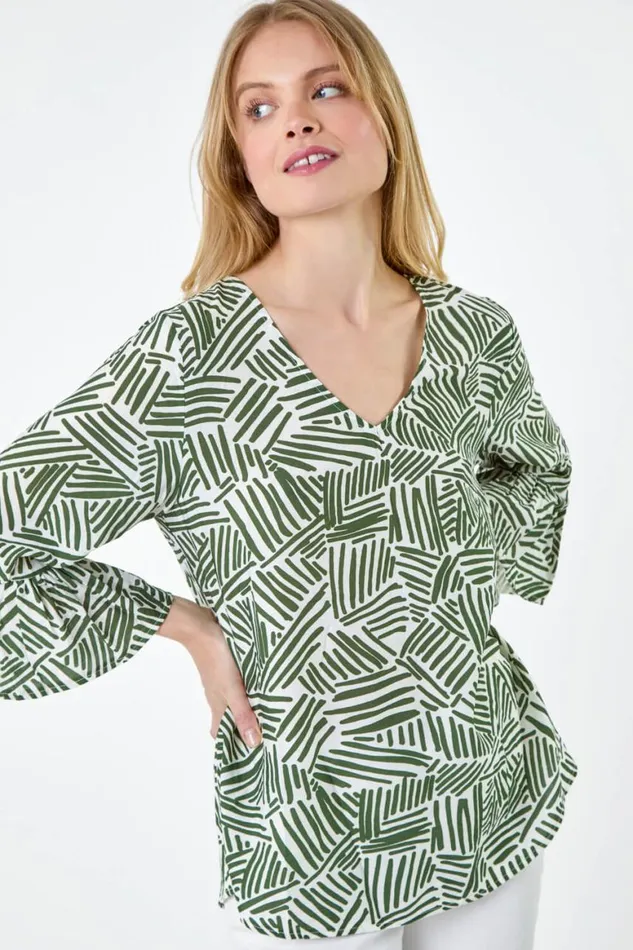 Women Khaki Abstract Print VNeck Frill Detail Top Roman Tops