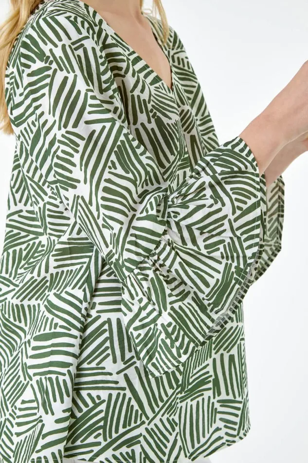 Women Khaki Abstract Print VNeck Frill Detail Top Roman Tops