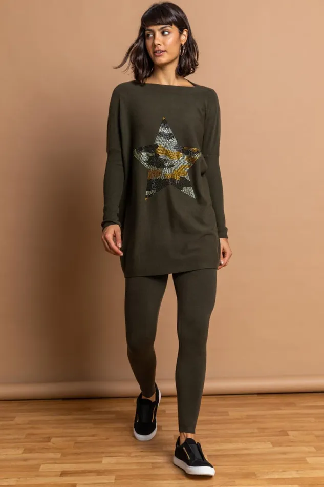 Women Khaki Camo Embellished Star Jumper Roman Tops
