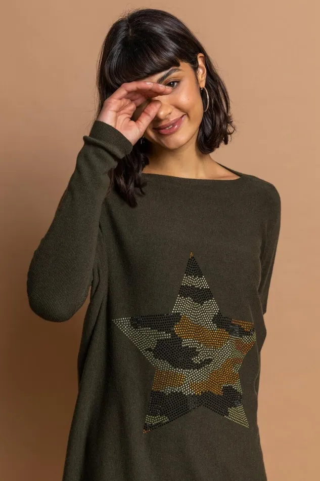 Women Khaki Camo Embellished Star Jumper Roman Tops