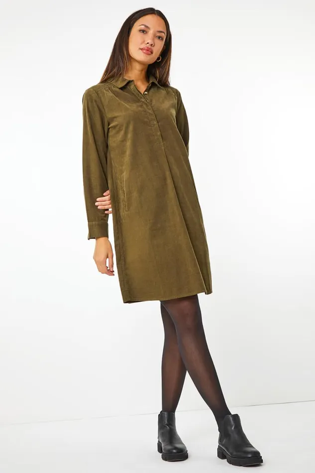 Women Khaki Corduroy Tunic Shirt Dress Roman Dresses