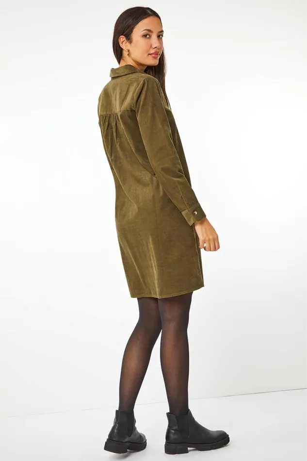 Women Khaki Corduroy Tunic Shirt Dress Roman Dresses