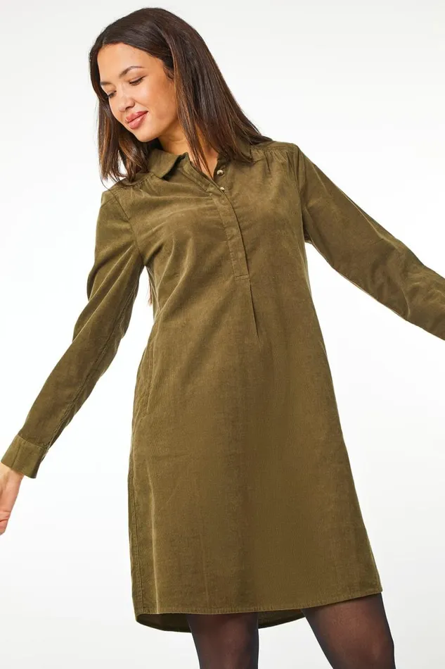 Women Khaki Corduroy Tunic Shirt Dress Roman Dresses