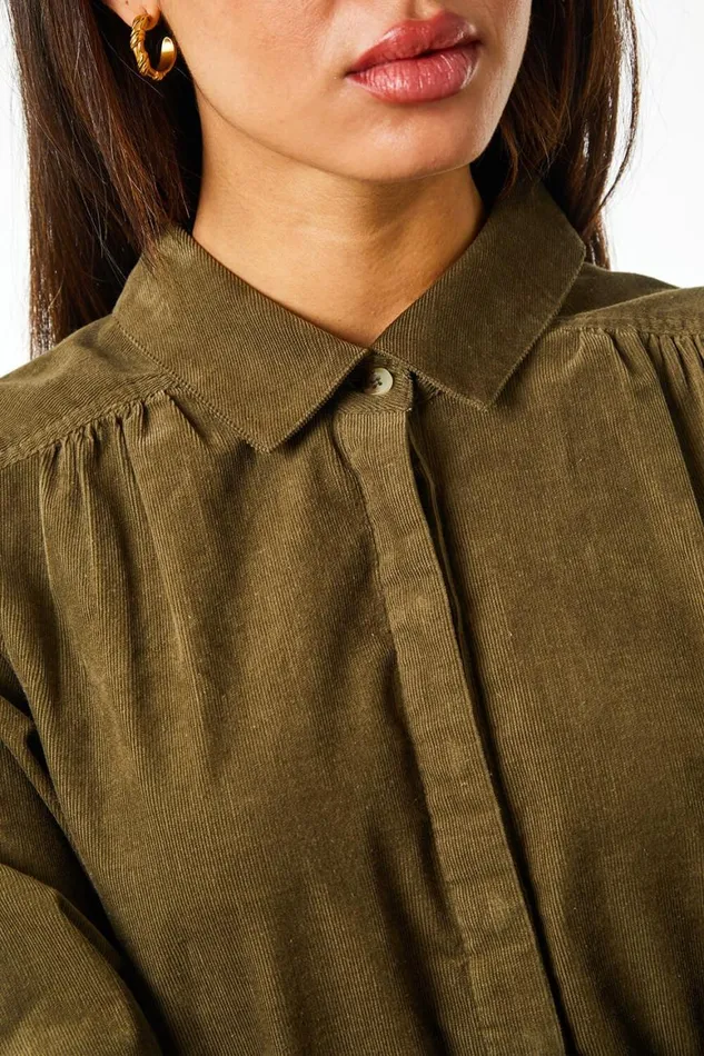 Women Khaki Corduroy Tunic Shirt Dress Roman Dresses