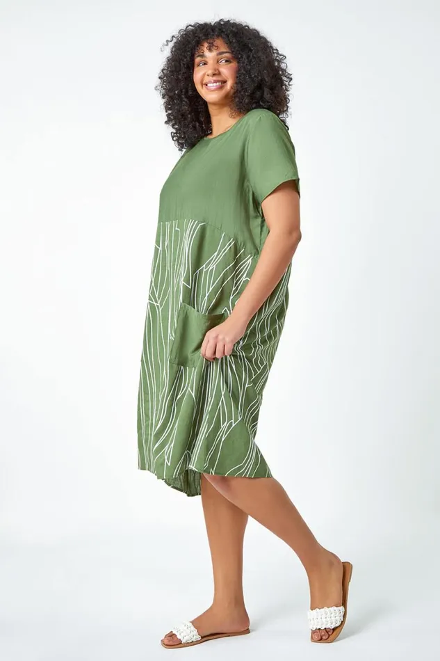 Women Khaki Curve Contrast Print Pocket TShirt Dress Roman Dresses