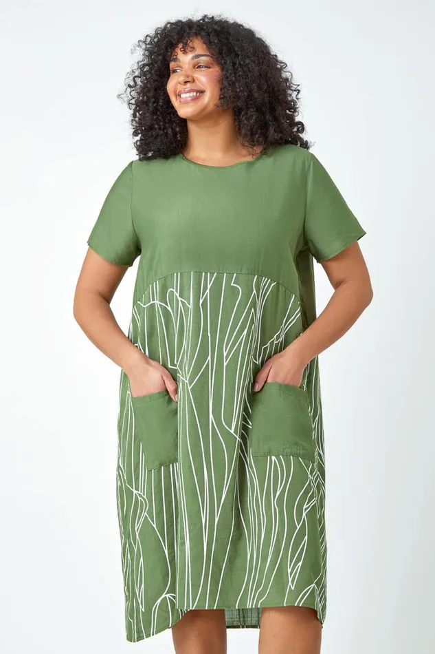 Women Khaki Curve Contrast Print Pocket TShirt Dress Roman Dresses