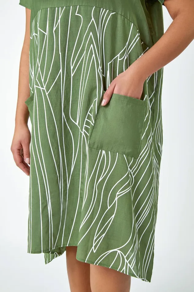 Women Khaki Curve Contrast Print Pocket TShirt Dress Roman Dresses