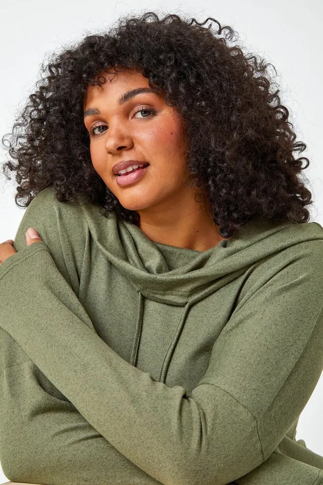 Women Khaki Curve Cowl Neck Relaxed Stretch Top Roman Tops