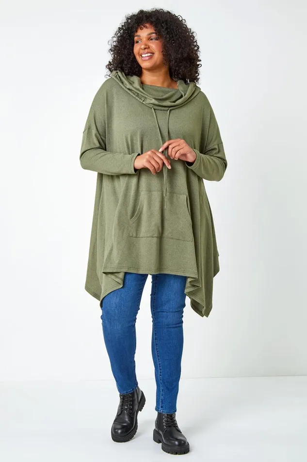 Women Khaki Curve Cowl Neck Relaxed Stretch Top Roman Tops