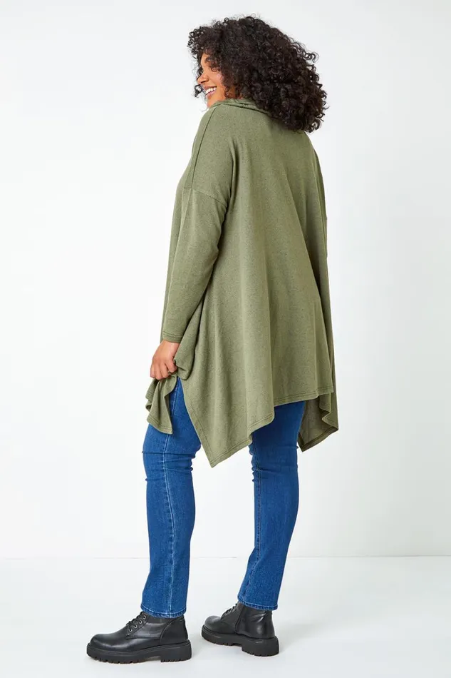Women Khaki Curve Cowl Neck Relaxed Stretch Top Roman Tops