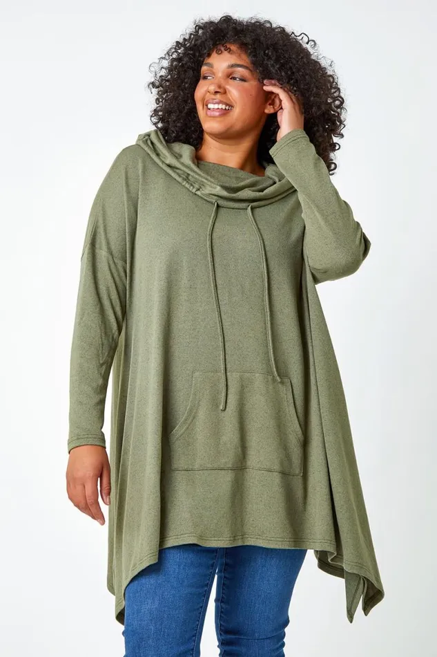 Women Khaki Curve Cowl Neck Relaxed Stretch Top Roman Tops