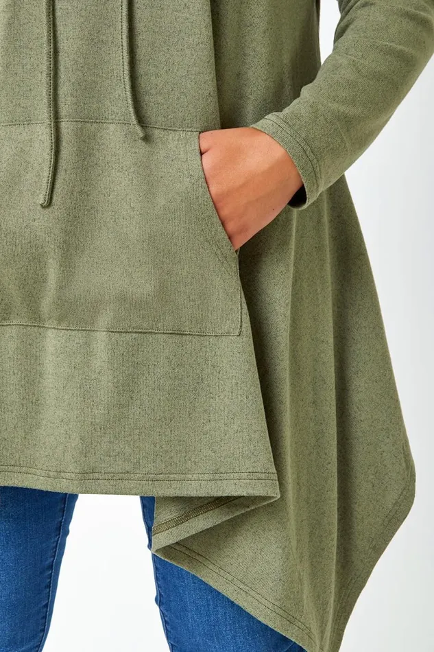 Women Khaki Curve Cowl Neck Relaxed Stretch Top Roman Tops