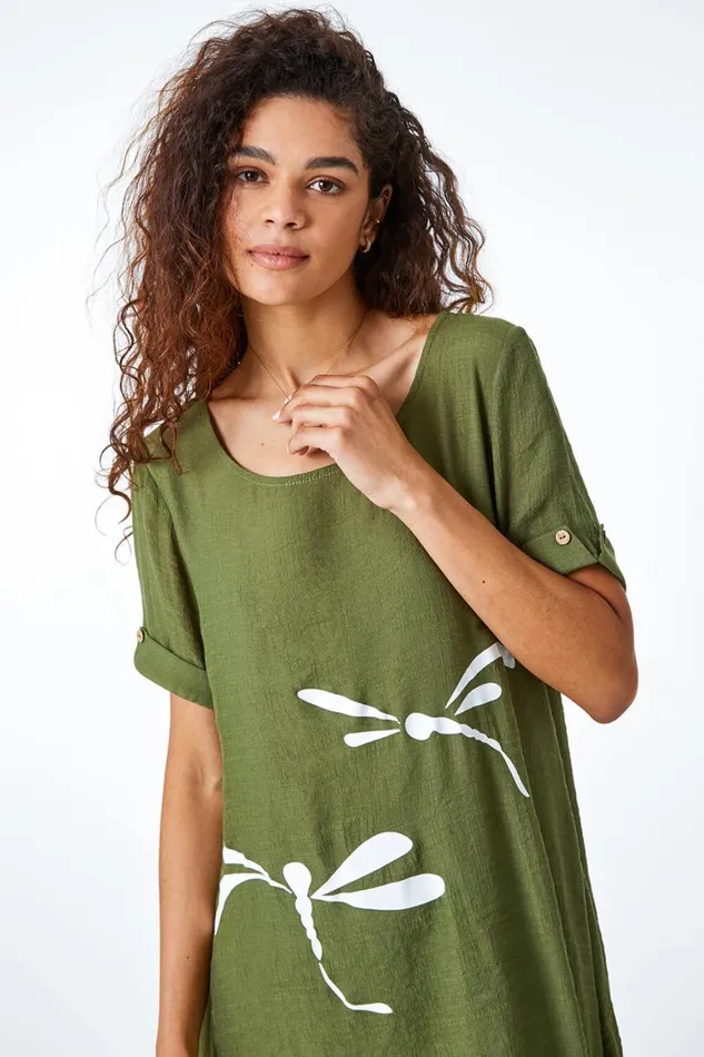 Women Khaki Dragonfly Print Asymmetric Tunic Top Roman Tops