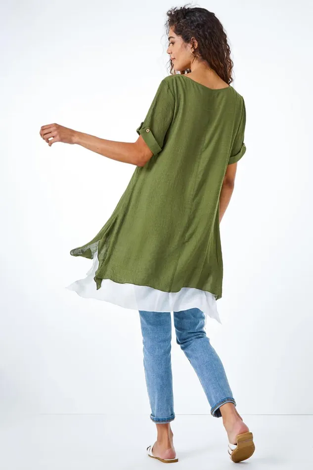 Women Khaki Dragonfly Print Asymmetric Tunic Top Roman Tops