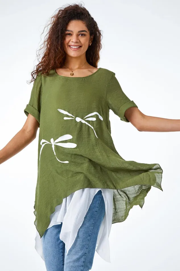 Women Khaki Dragonfly Print Asymmetric Tunic Top Roman Tops