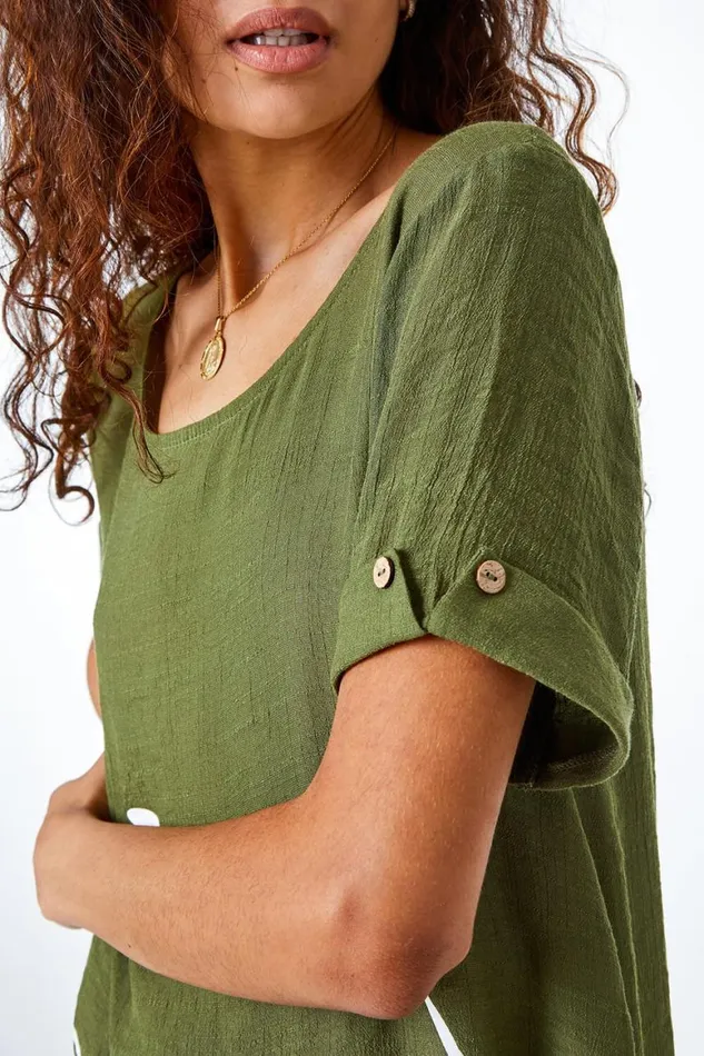 Women Khaki Dragonfly Print Asymmetric Tunic Top Roman Tops