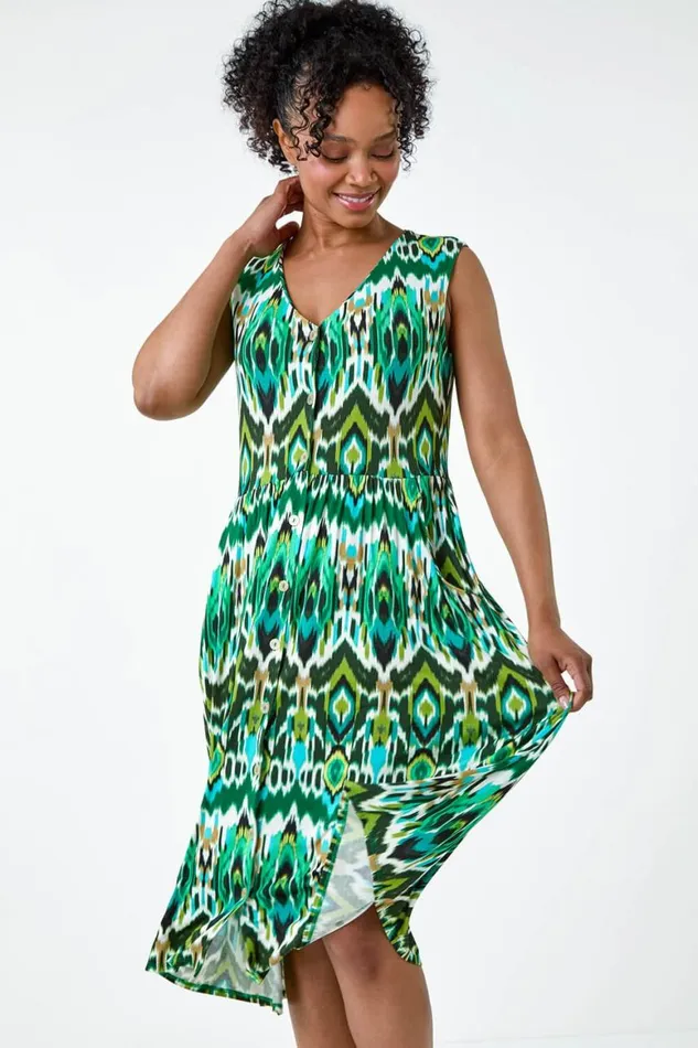 Women Khaki Petite Aztec Button Stretch Midi Dress Roman Dresses