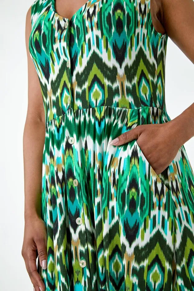 Women Khaki Petite Aztec Button Stretch Midi Dress Roman Dresses
