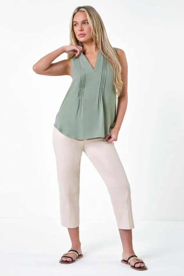 Women Khaki Petite Sleeveless Pleat Detail Top Roman Tops