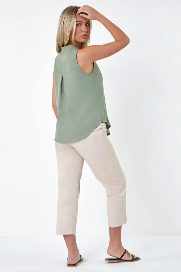Women Khaki Petite Sleeveless Pleat Detail Top Roman Tops