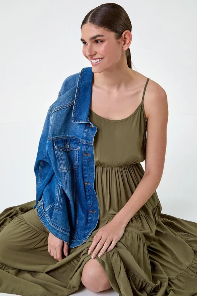 Women Khaki Plain Tiered Midi Dress Roman Dresses