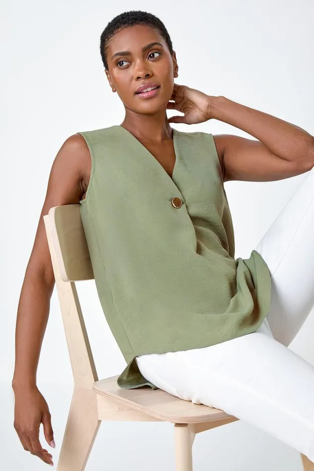 Women Khaki Pleat Front Button Detail VNeck Vest Roman Tops