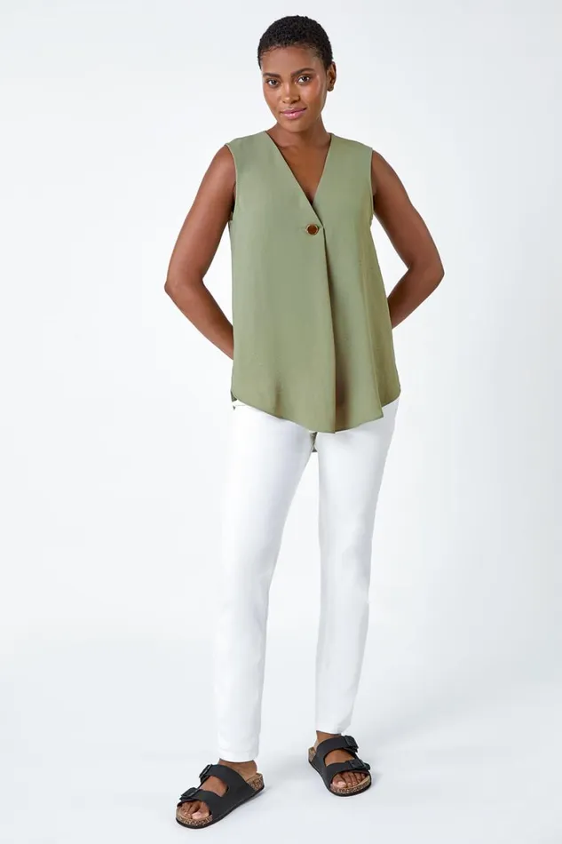 Women Khaki Pleat Front Button Detail VNeck Vest Roman Tops