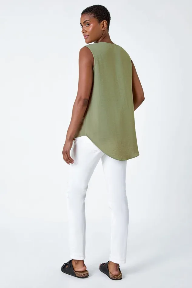 Women Khaki Pleat Front Button Detail VNeck Vest Roman Tops