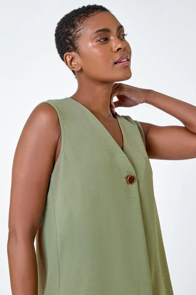 Women Khaki Pleat Front Button Detail VNeck Vest Roman Tops